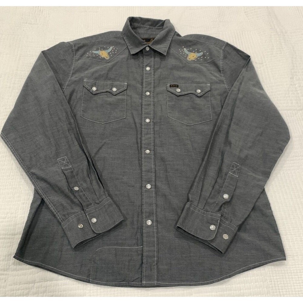 Howler Bros Shirt Mens M Gray Gaucho Skull UFO  Desert Sawtooth Snap Western